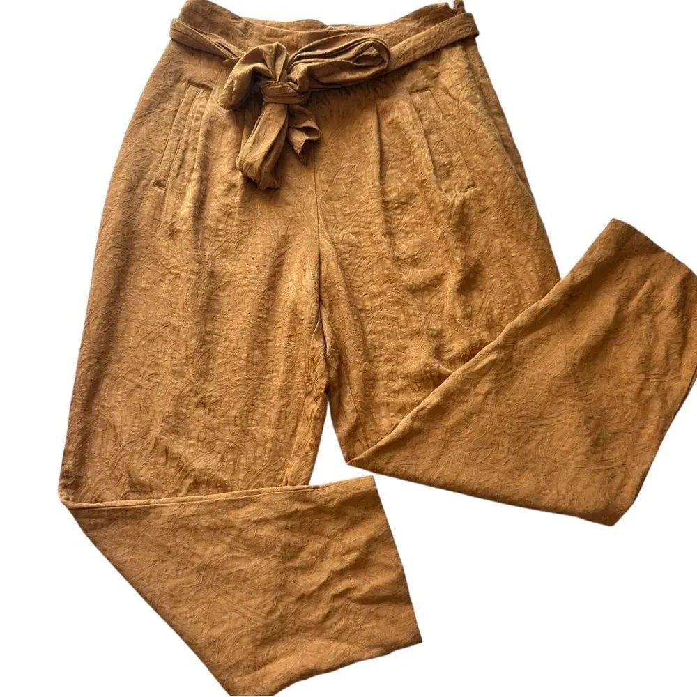 Anthropologie Aubade tie waist pleated textured high rise mustard pants size 4